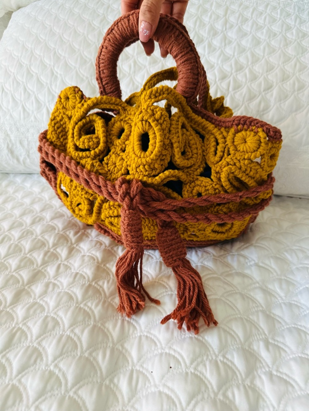 Handcrafted Mustard & Rust Crochet Tote Bag - Women Bags
